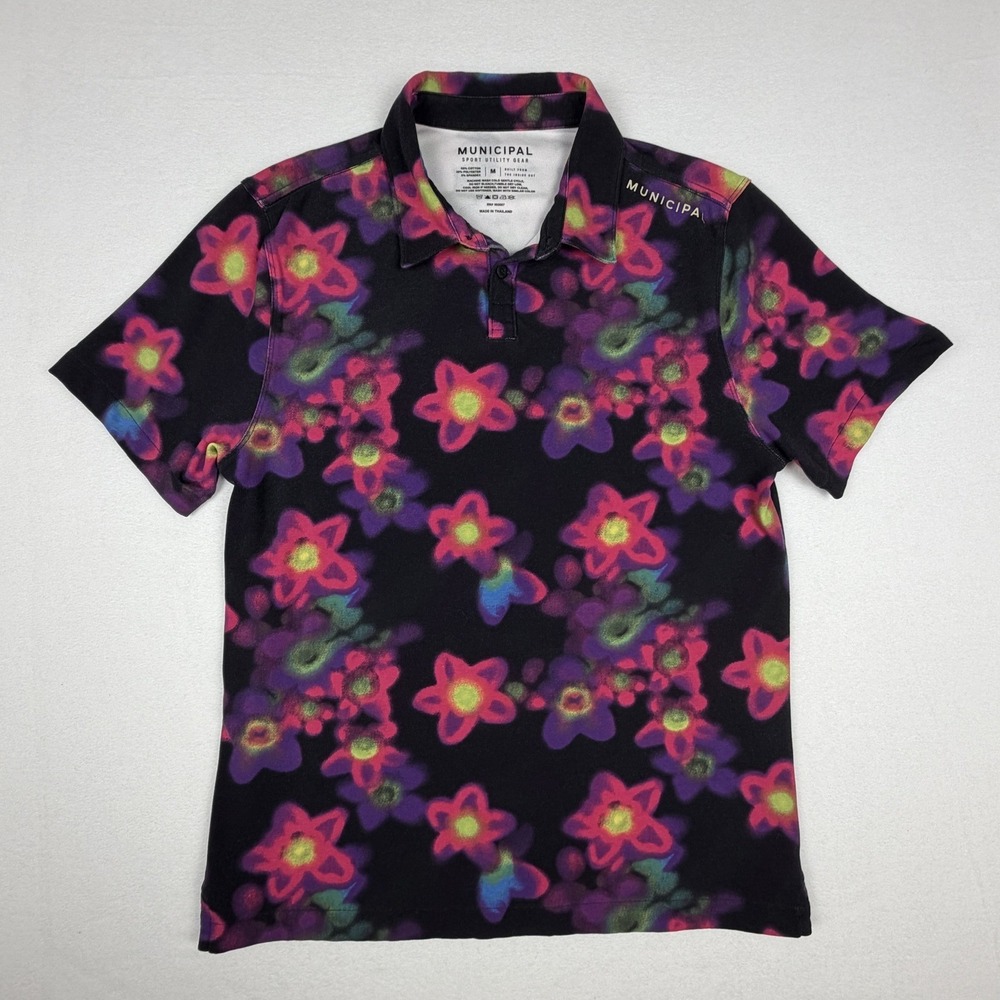 Municipal Mens Floral Psychedelic Polo Shirt Black Pink Purple Neon Green M